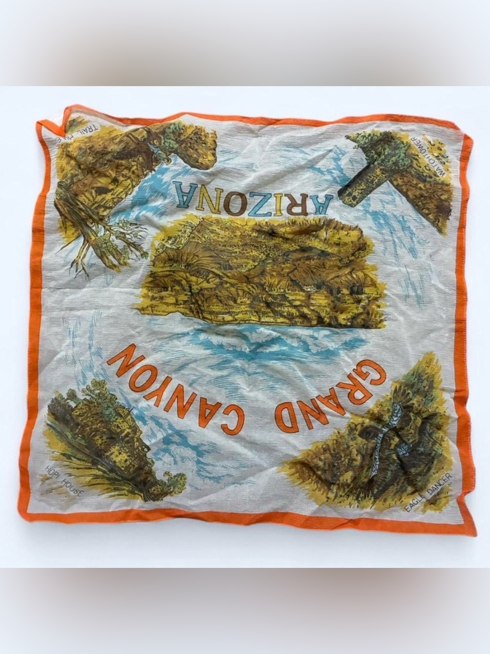 Vintage Grand Canyon Arizona Scenic Silk Scarf - Orange Trim